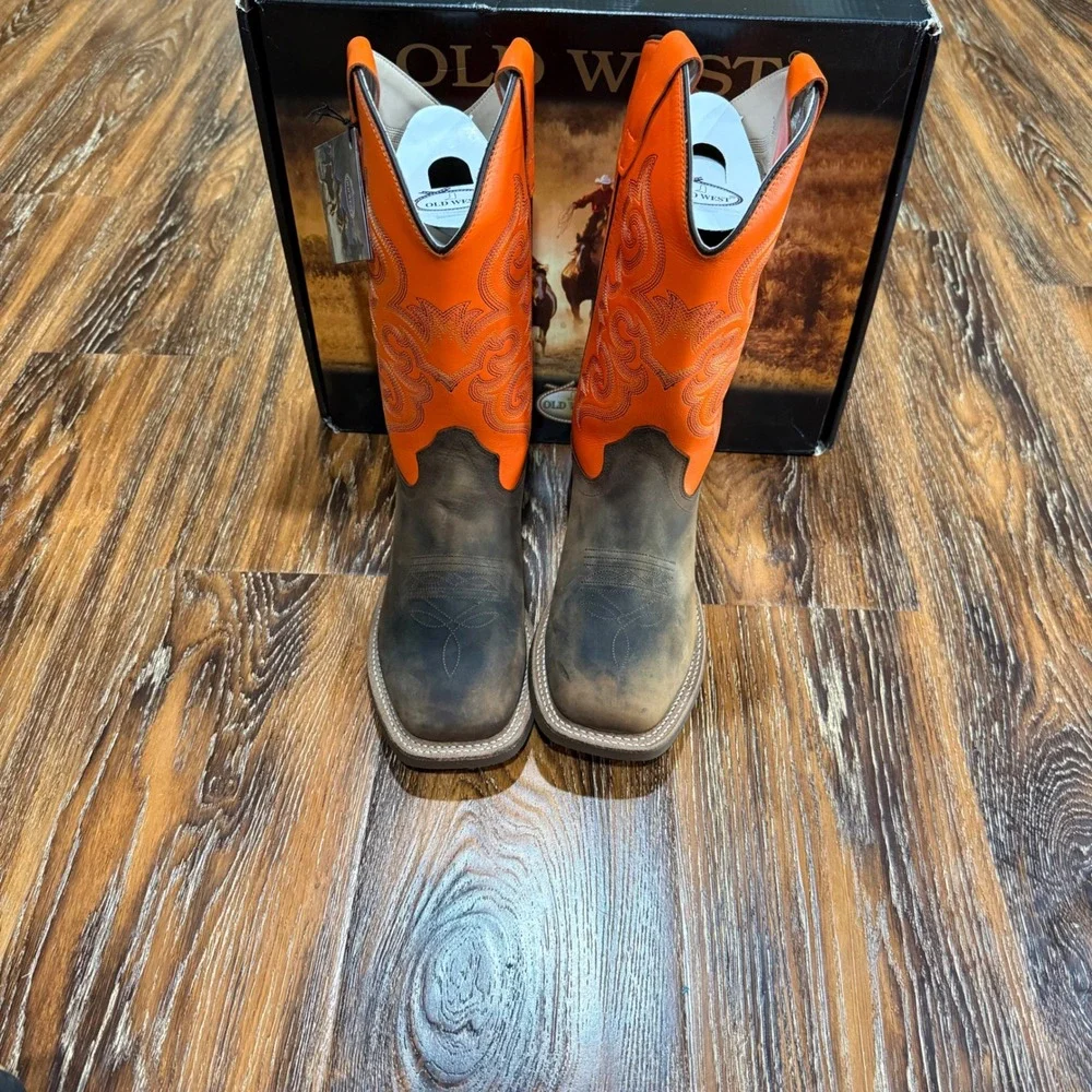 NEW Old West Kids Size 5 Brown Orange Leather Square Toe Cowboy Boots Western